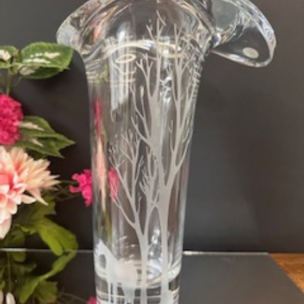 Bohemia Crystal Vase Original Sticker Etched Horse Tree Design Asymmetricalโ